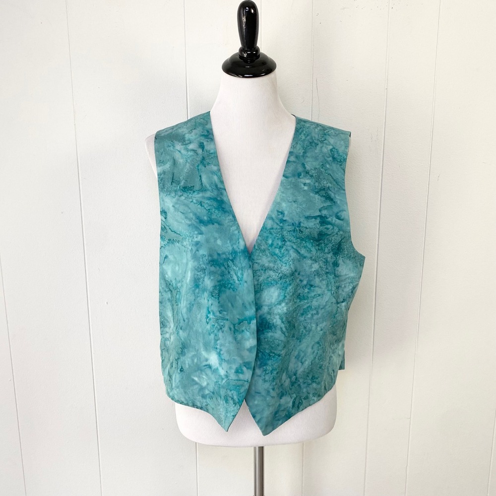 Handmade Batik Reversible Dolphin Vest Blue Teal Purple Open Front Women's M L - Picture 2 of 7